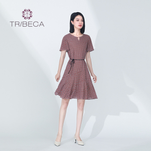TRIBECA翠贝卡夏红色碎花时尚气质短袖女连衣裙