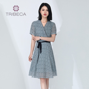 TRIBECA翠贝卡夏季商场同款女士收腰短袖雪纺连衣裙