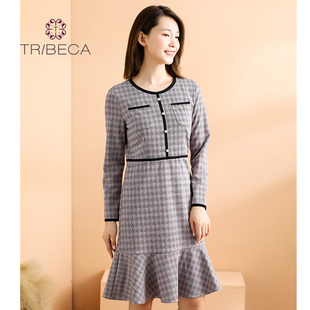 TRIBECA翠贝卡商场同款时尚修身长袖格子鱼尾连衣裙