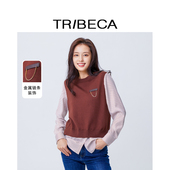 TRIBECA翠贝卡商场同款 秋女时尚 百搭条纹拼接假两件上衣