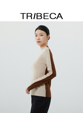 TRIBECA翠贝卡秋冬商场同款双色拼接套头毛衣女半高领针织打底衫