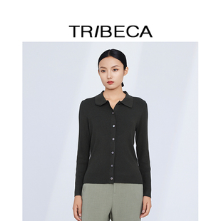 墨绿简约女翻领通勤修身 TRIBECA 翠贝卡2024秋新款 商场同款 针织衫