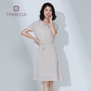 TRIBECA翠贝卡夏季商场同款女v领波点雪纺短袖连衣裙