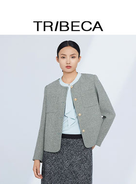 TRIBECA/翠贝卡2024秋新款商场同款绿色法式女圆领短款小香风外套