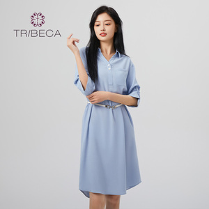 TRIBECA翠贝卡商场同款夏质感纯色女七分袖连衣裙