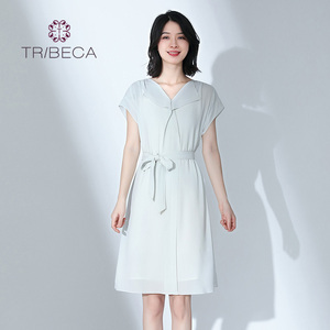 TRIBECA翠贝卡夏季商场同款女收腰显瘦V领雪纺连衣裙