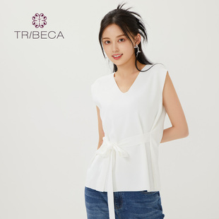 TRIBECA翠贝卡夏商场同款V领无袖收腰套头衫毛针织衫短袖衫针织