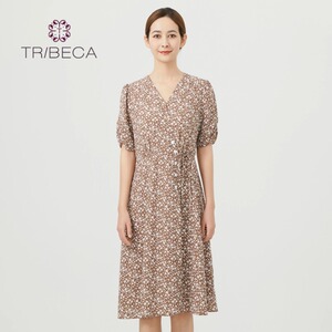 TRIBECA翠贝卡2024春季新款法式碎花V领收腰显瘦韩系短袖连衣裙