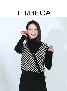 TRIBECA翠贝卡商场同款秋冬复古小香风假两件加密型针织衫毛衣