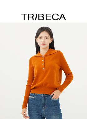 TRIBECA翠贝卡商场同款大衣绵羊毛秋翻领针织宽松女设计感毛衣