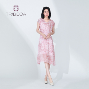 TRIBECA翠贝卡商场同款夏粉色碎花时尚清凉连衣裙