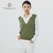 长袖 TRIBECA翠贝卡春秋新款 复古百搭女假两件上衣毛针织衫 通勤V领