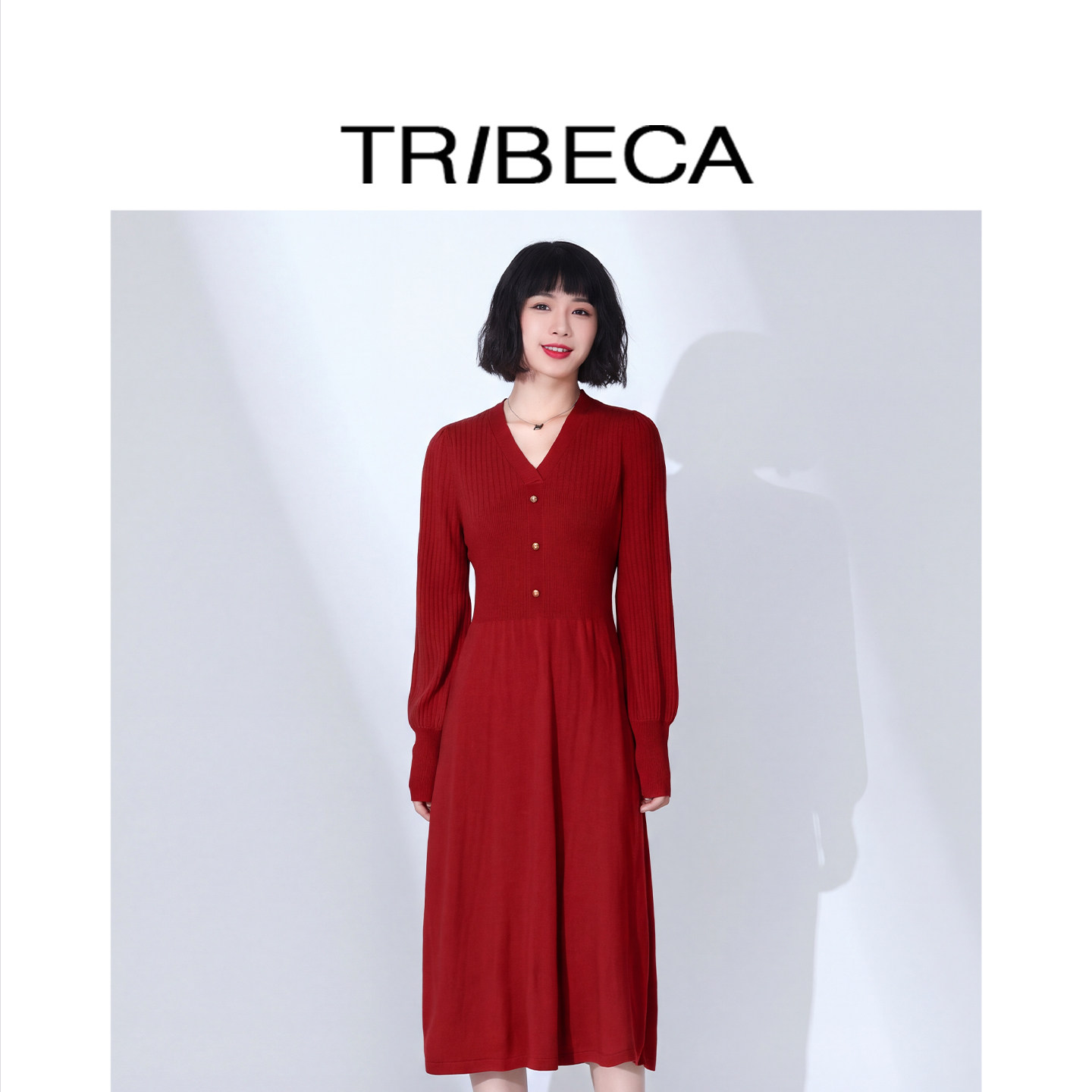 TRIBECA翠贝卡商场同款秋女收腰V领显瘦针织连衣裙
