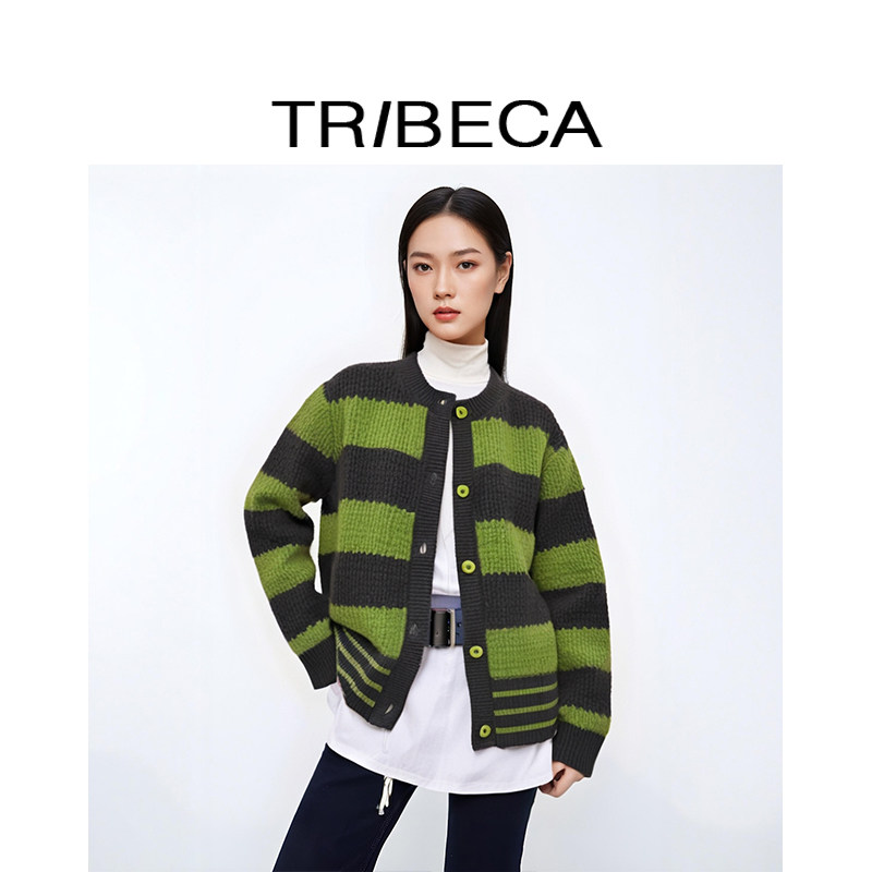 TRIBECA翠贝卡2024秋冬新款商场同款慵懒风经典条纹长袖针织开衫
