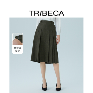 TRIBECA翠贝卡2025秋新款 通勤百搭墨绿休闲百褶半身裙 商场同款