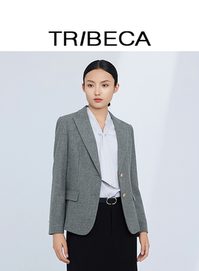 TRIBECA翠贝卡2024秋新款商场同款含绵羊毛混纺绿色西服西装通勤