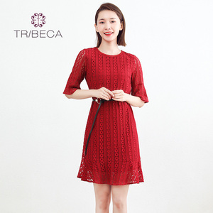 TRIBECA翠贝卡商场同款春圆领微喇叭七分袖连衣裙