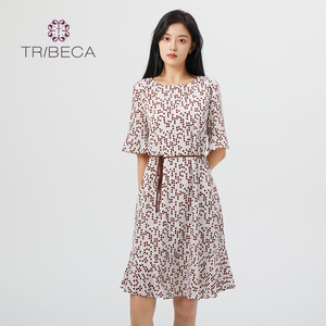 TRIBECA翠贝卡夏季商场同款圆领雪纺女五分袖连衣裙