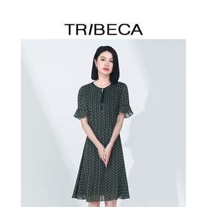 TRIBECA翠贝卡夏季商场同款女短袖气质a字雪纺连衣裙