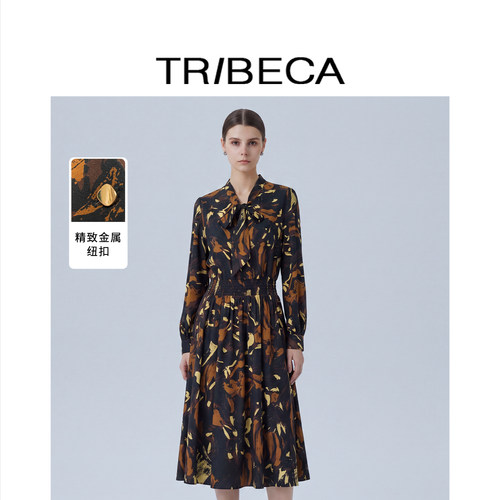 翠贝卡法式印花连衣裙女长袖收腰