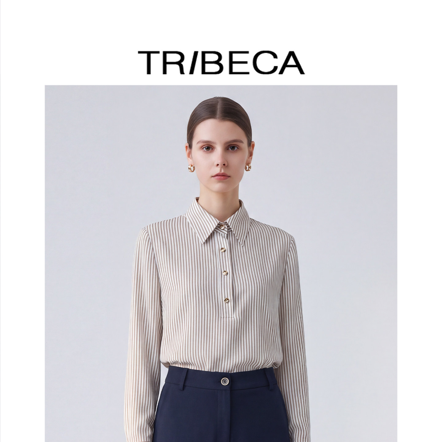 TRIBECA翠贝卡秋新款商场同款长袖条纹衬衫纽扣上衣翻领女装