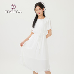 TRIBECA翠贝卡夏商场同款收腰雪纺气质女短袖连衣裙