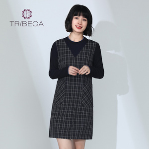 TRIBECA翠贝卡商场同款秋季修身格子显瘦拼接连衣裙