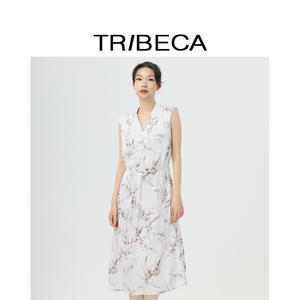 TRIBECA翠贝卡2024夏季新款商场同款复古气质收腰印花无袖连衣裙