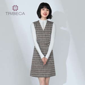 TRIBECA翠贝卡商场同款秋女复古格子修身无袖连衣裙