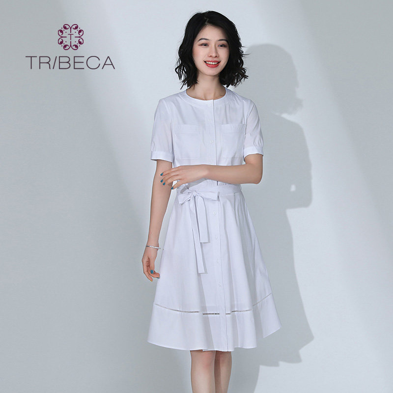 TRIBECA翠贝卡夏季商场同款圆领收腰显瘦纯色连衣裙
