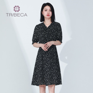 TRIBECA翠贝卡夏商场同款女短袖小碎花V领雪纺连衣裙