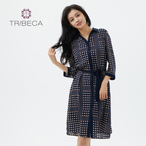 TRIBECA翠贝卡商场同款春季系带收腰几何波点连衣裙