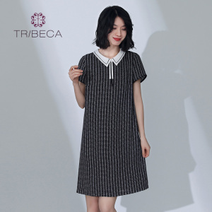 TRIBECA翠贝卡夏季商场同款短袖娃娃领条纹女连衣裙