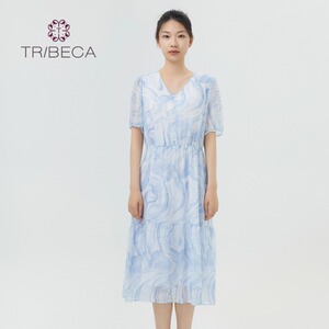 TRIBECA翠贝卡2024夏季新款专柜同款V领休闲短袖雪纺中长款连衣裙
