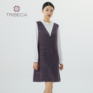 TRIBECA翠贝卡商场同款秋冬格纹新款女士小香风字连衣裙