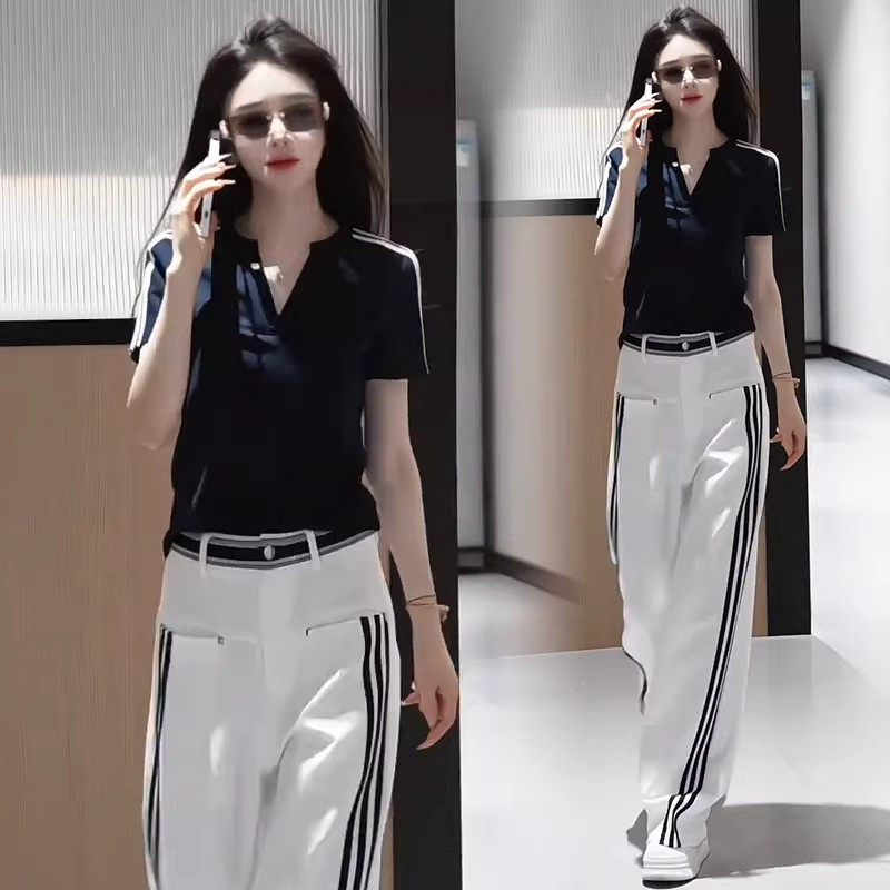 时尚休闲运动套装女2026夏季新款V领短袖撞色阔腿竖条裤子两件套