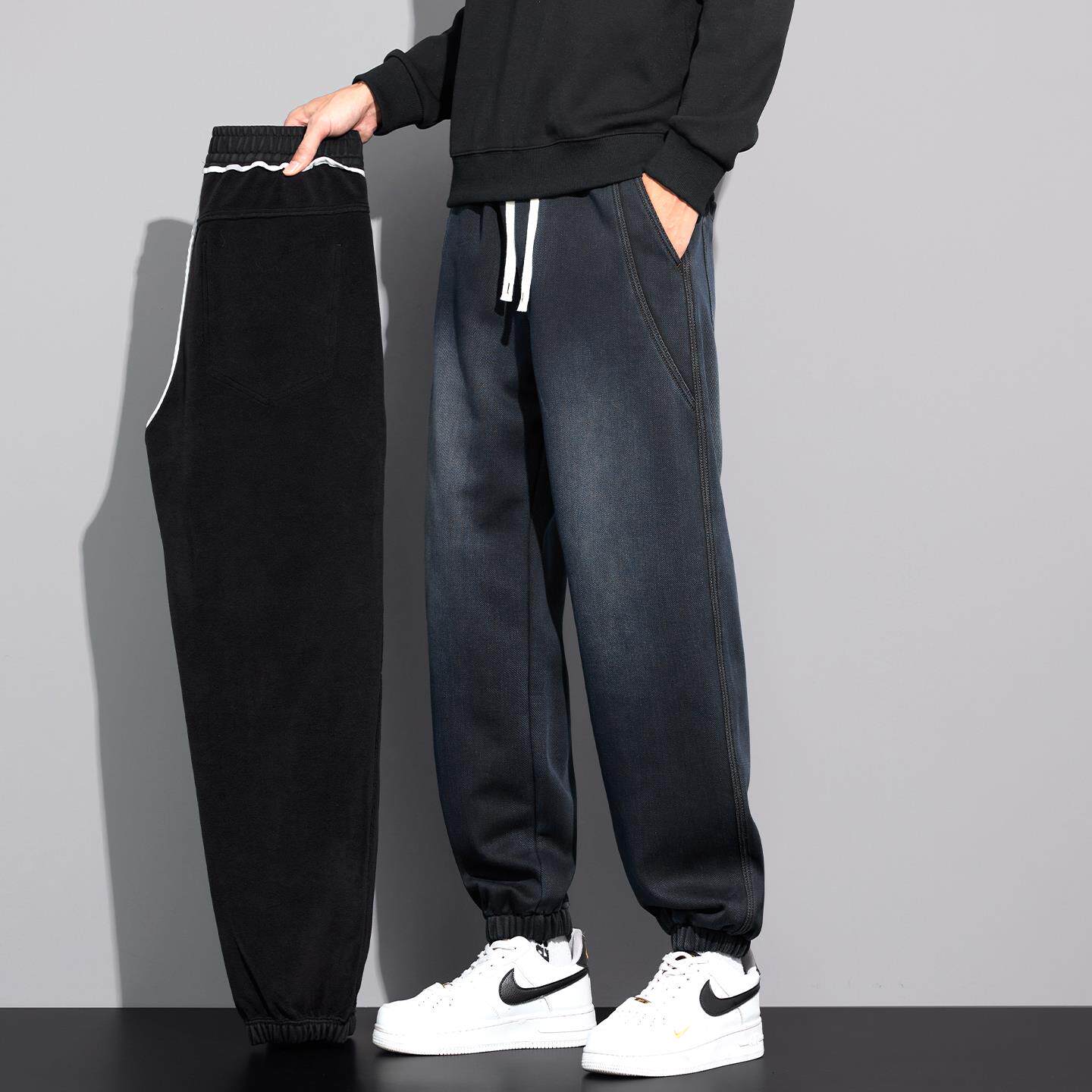 潮牌休闲复古痞帅牛仔裤男冬季美式加厚保暖束脚裤加绒宽松哈伦裤