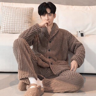 潮牌厚实保暖法兰绒睡衣男士冬季新款加绒加厚家居服珊瑚绒两件套