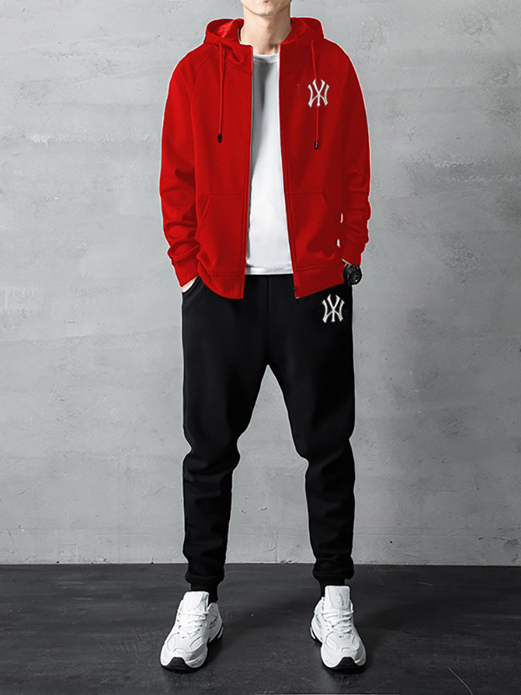 潮牌春秋新款休闲跑步运动服套装男士修身连帽开衫卫衣卫裤两件套