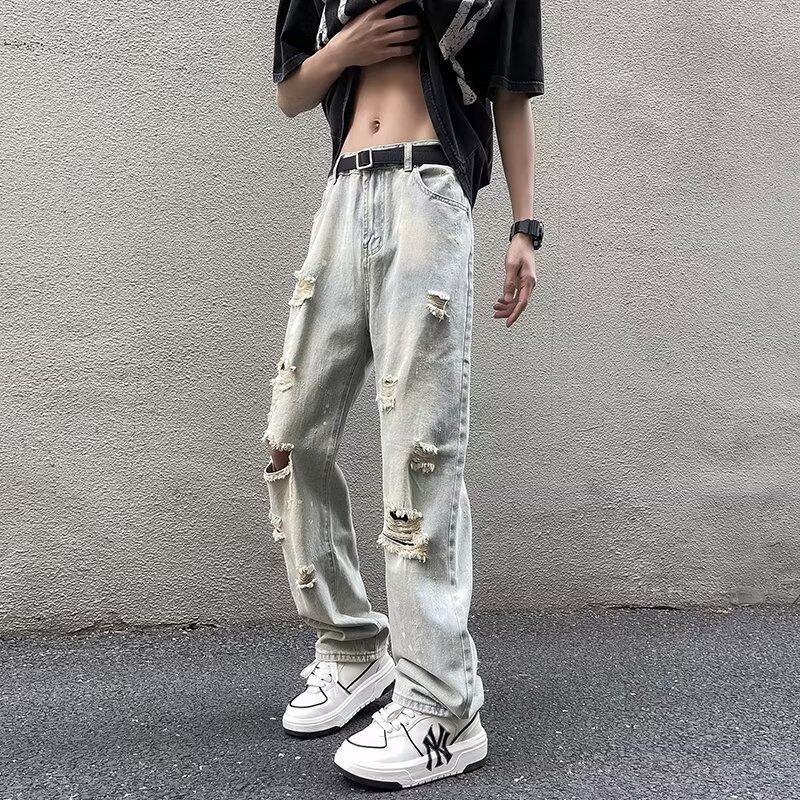 破洞毛边牛仔裤男士美式高街2025年新款薄款修身水洗做旧直筒裤子