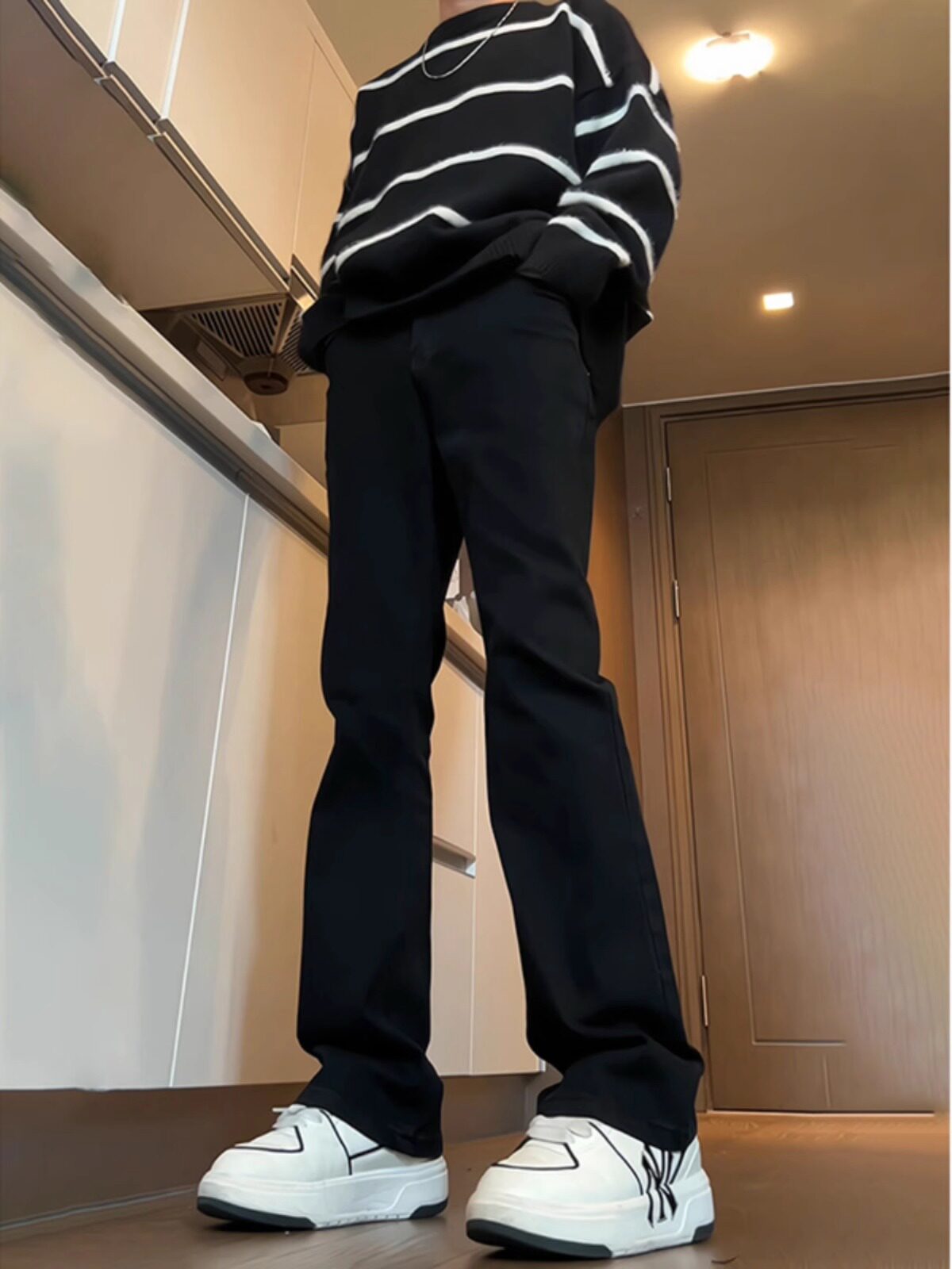 潮牌美式修身弹力百搭时尚牛仔裤男士2025新款简约高腰微喇叭裤子