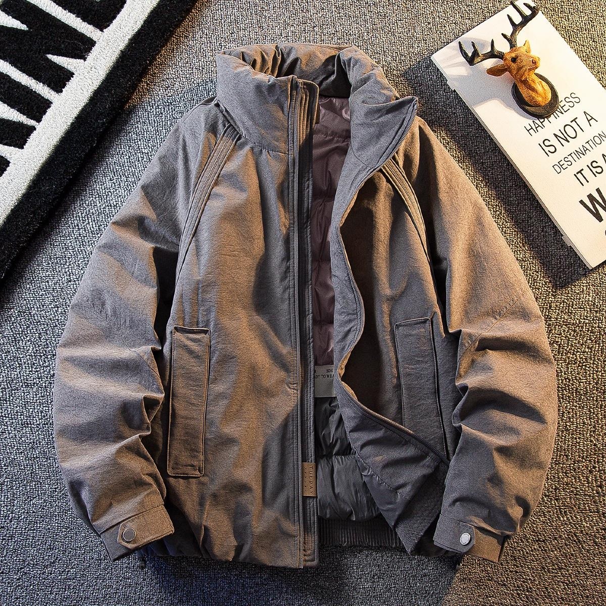 潮牌冬季新款痞帅保暖羽绒服男高级感短款夹克外套加厚立领面包服