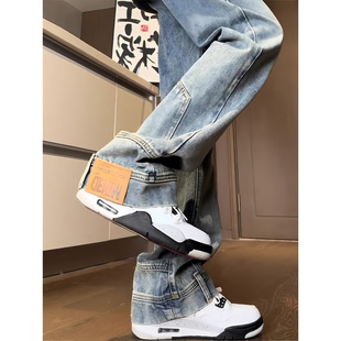 潮流新款反穿倒装微喇牛仔裤男高个子加长直筒裤子美式高街工装裤