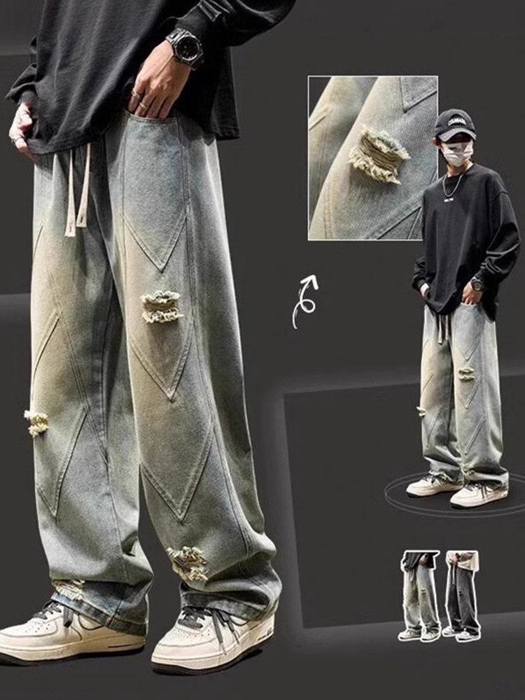 潮牌美式高街覆古破洞牛仔裤男士新款水洗做旧休闲长裤痞帅直筒裤