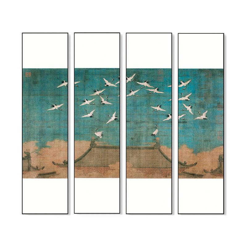 瑞鹤图新中式装饰画客厅背景玄关过道大厅挂画四条屏国画竖幅壁画