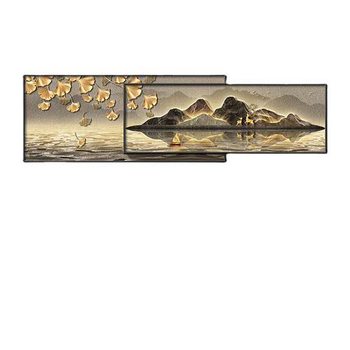 现轻奢客厅沙发背景墙装饰画大气挂画山水画麋鹿叠加壁画