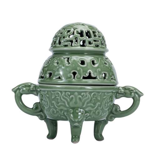 越窑梅子青高端缠枝牡丹镂空陶瓷茶道家用中式仿古青瓷盘香熏炉