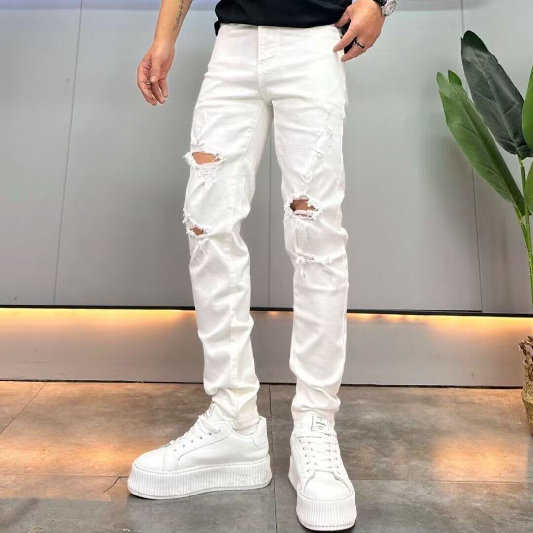 白色破洞微弹牛仔裤男2026中腰通用男裤弹力修身小直筒休闲裤子