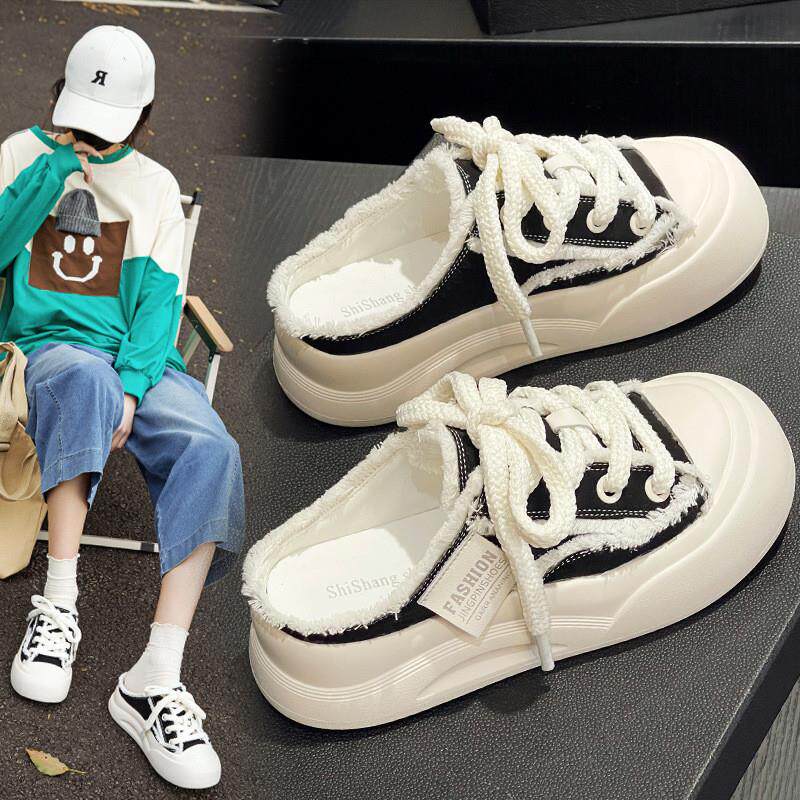 2025新款小众设计帆布鞋厚底包头拖鞋女款夏季爆款透气懒人半拖鞋