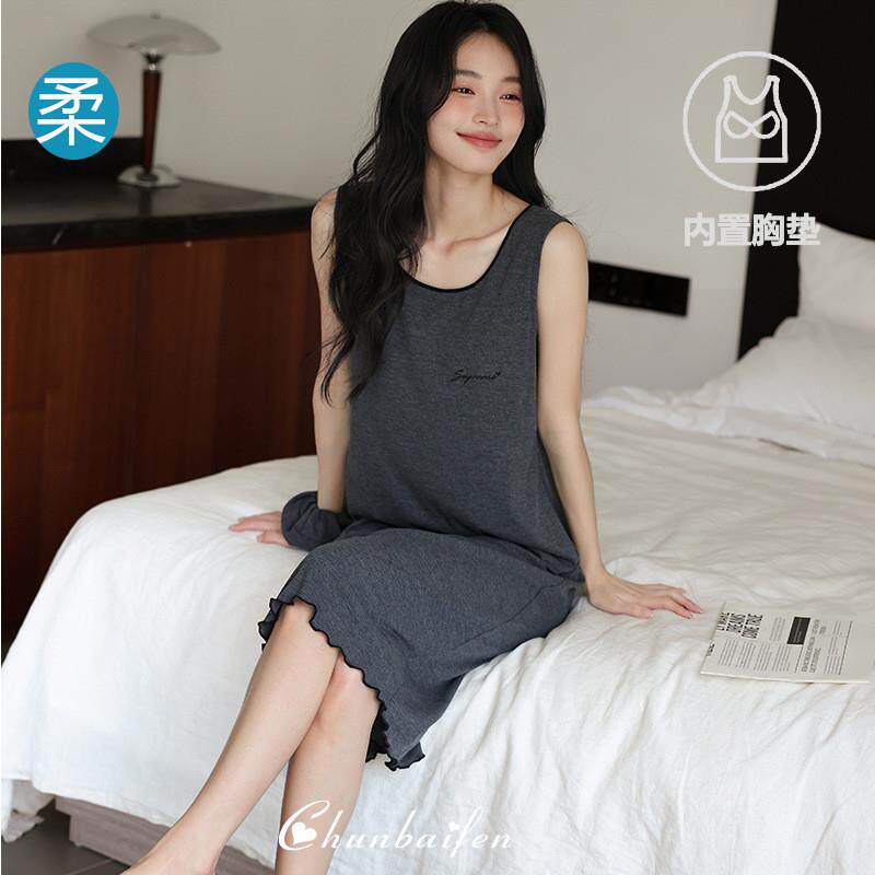 冰丝螺纹睡裙女款带胸垫夏季莫代尔无袖背心睡衣裙新款裙子吊带裙